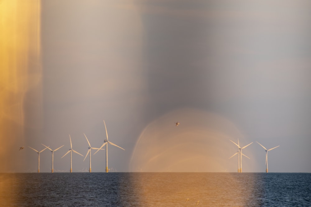 white windmills near ocean