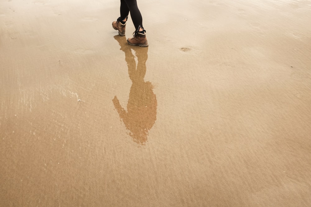 reflection of man on wet sand