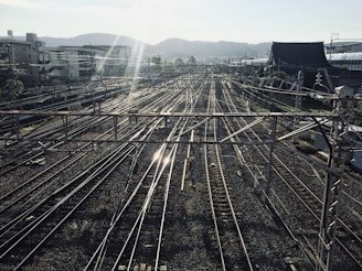 A complex network of railway tracks stretches into the distance under a clear sky, intersected by numerous overhead power cables. Buildings and hills are visible in the background, while sunlight creates a reflection on the rails, adding a dynamic visual element.