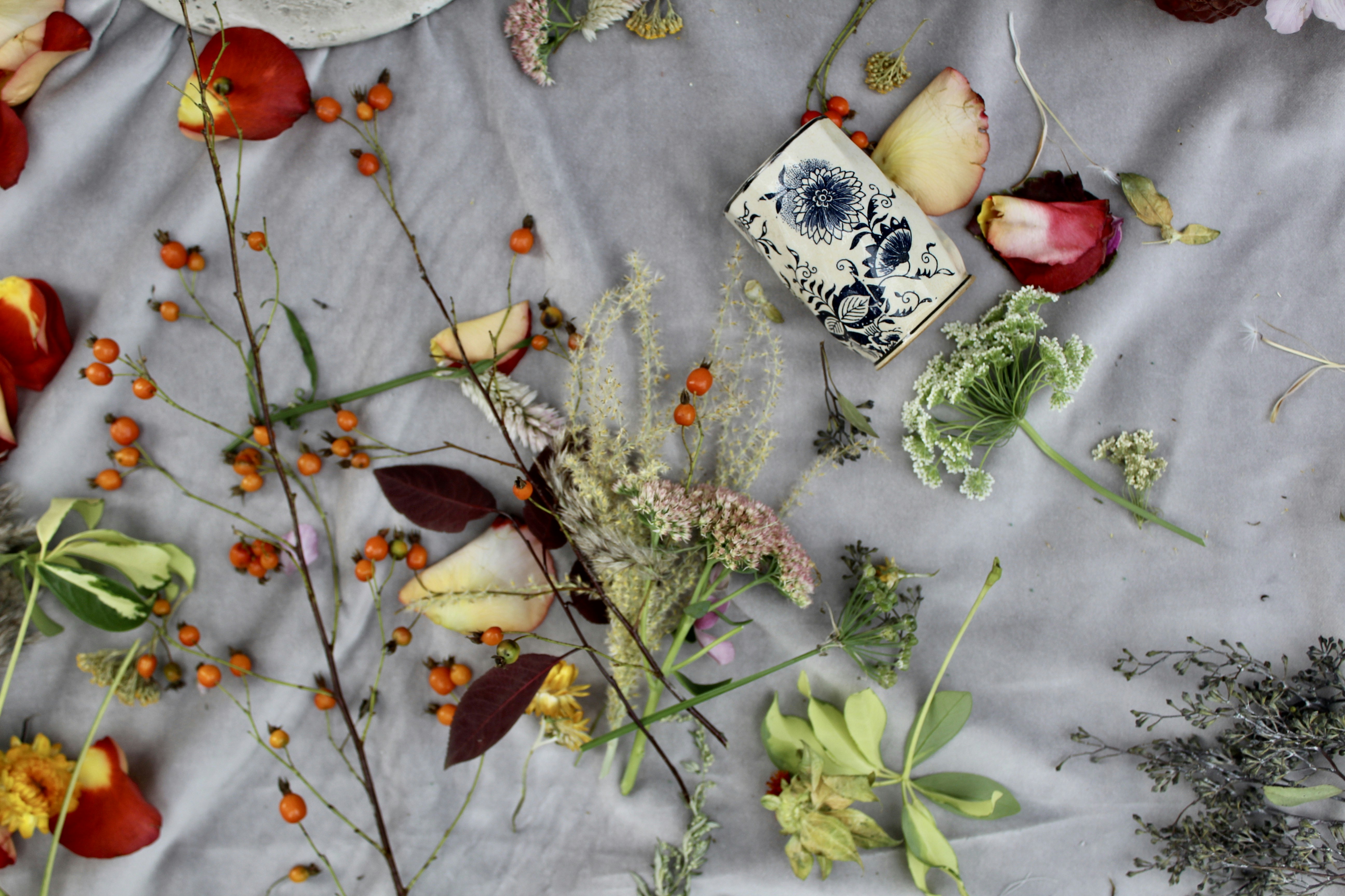 flat-lay photo of vegetables and flowers