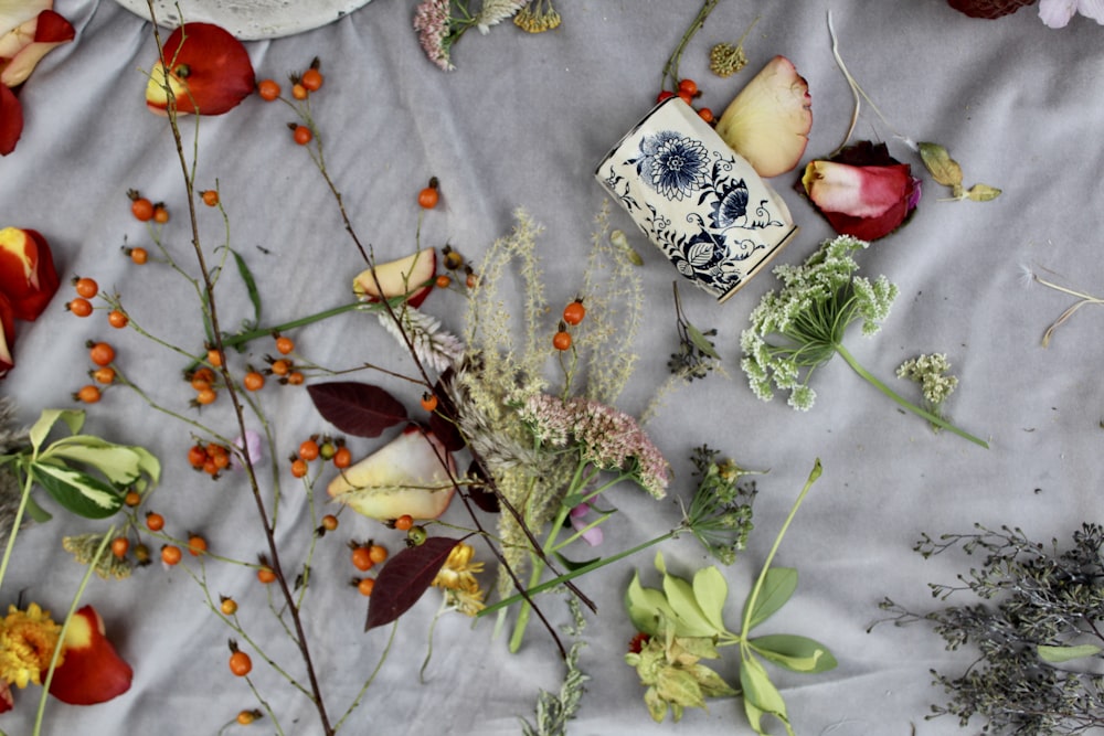 flat-lay photo of vegetables and flowers