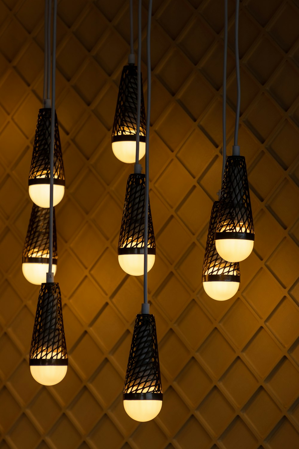 eight pendant lamps turned on