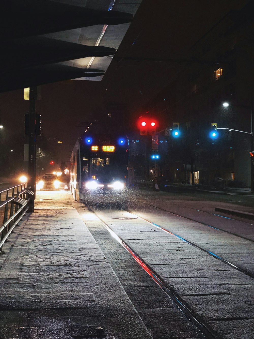 train traveling during nighttime