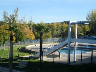 A tranquil outdoor swimming pool area with a modern diving platform surrounded by green lawns and palm trees. In the background, there is a lake or river bordered by a multitude of trees with autumn foliage, showcasing shades of green, yellow, and orange under a clear blue sky.