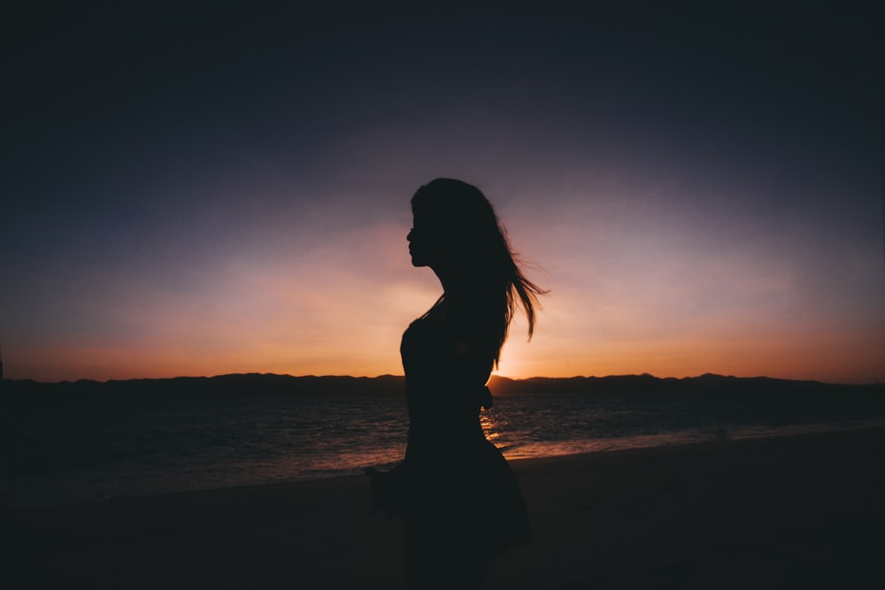 Fotografía de la silueta de la mujer de pie cerca de la orilla del mar