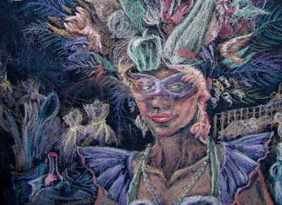 Detail of a custom commission artwork featuring Andean motifs and rich layered textures.