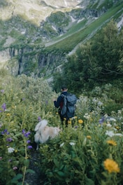 man standing on flower field