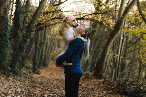 woman carrying dog near trees