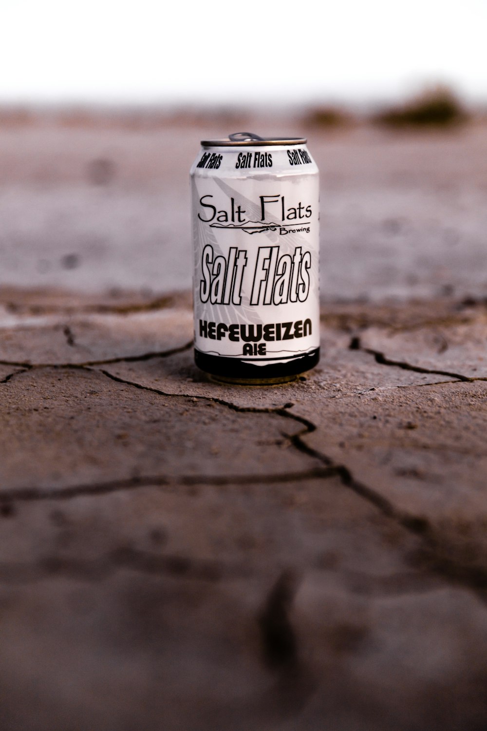 Salt Flats Hepeweizen drink can on cracked ground