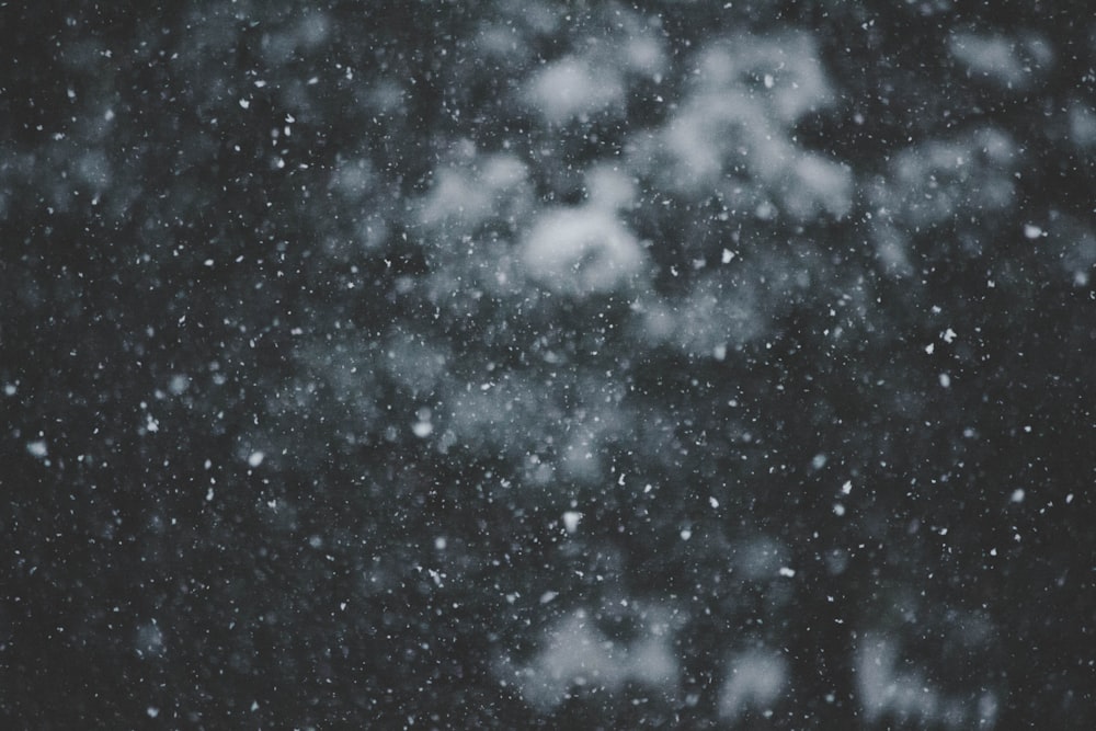 uma foto em preto e branco da neve caindo