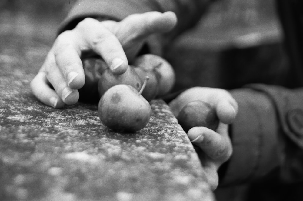 grayscale photography touching fruit