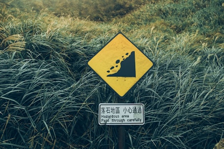 A yellow warning sign depicting a landslide hazard is placed amidst dense, lush green vegetation. Below the warning symbol, a smaller sign displays instructions in multiple languages, emphasizing a hazardous area that requires careful passage.
