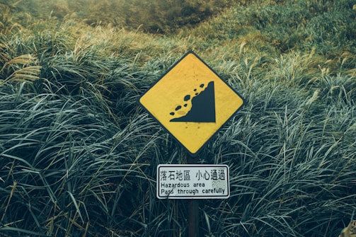 A yellow warning sign depicting a landslide hazard is placed amidst dense, lush green vegetation. Below the warning symbol, a smaller sign displays instructions in multiple languages, emphasizing a hazardous area that requires careful passage.