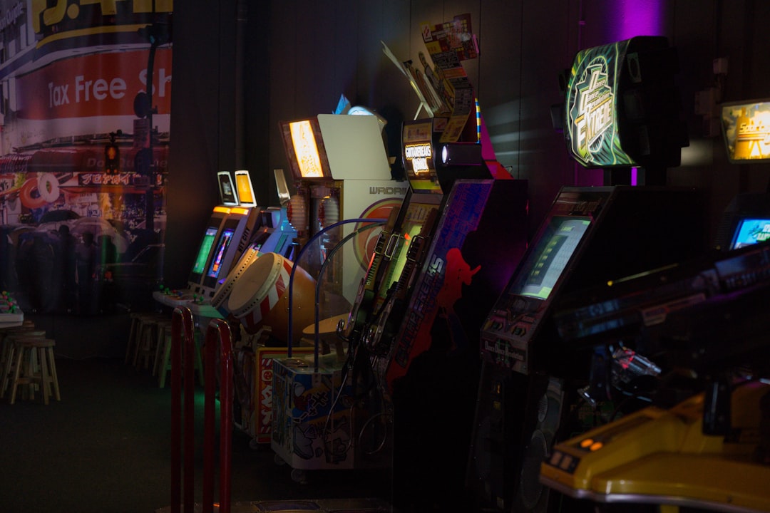 arcade video game machines turned on,