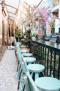 A vibrant stool that enhances your balcony decor.