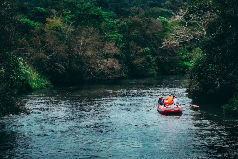 people riding raft at the river near trees