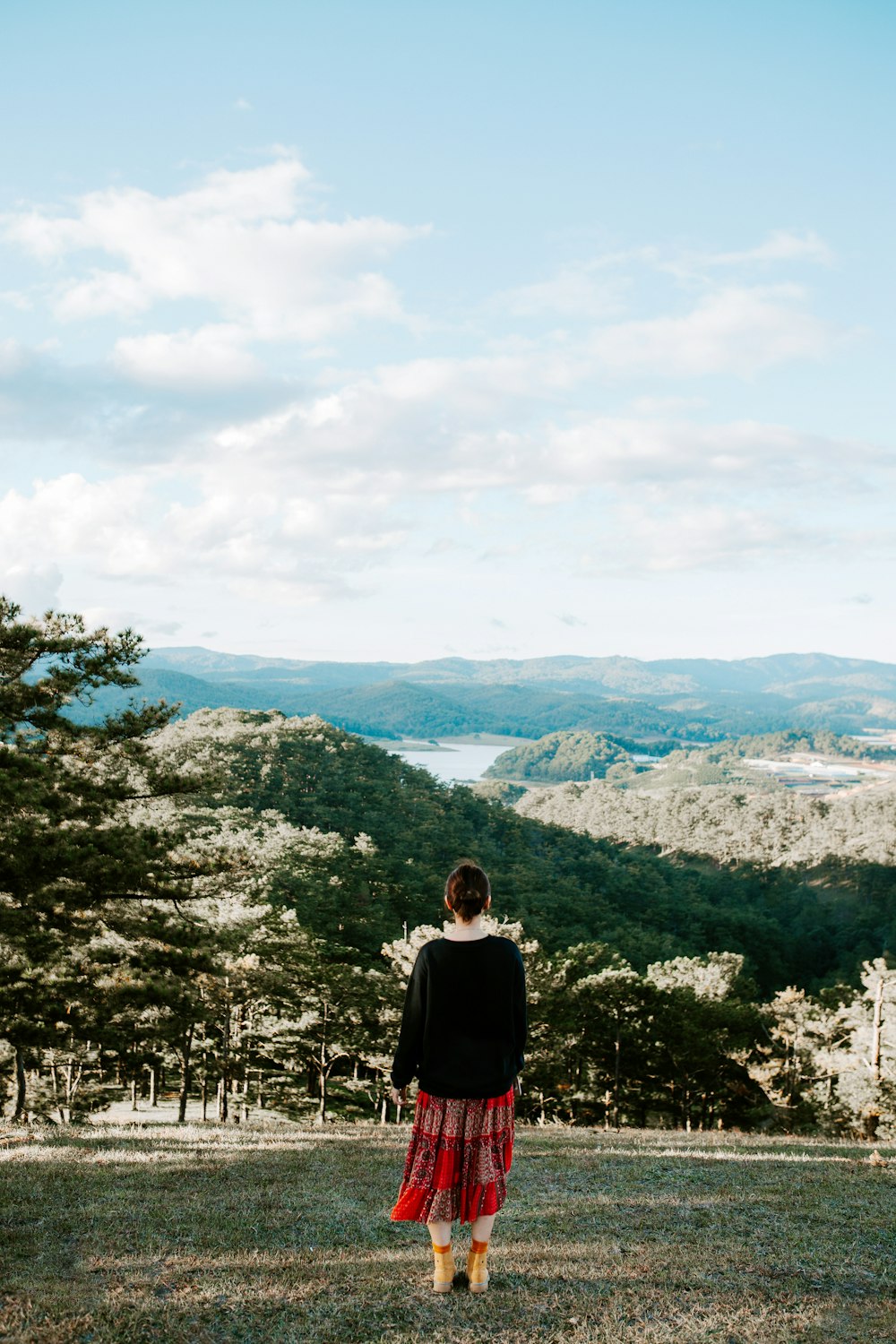 woman standing on grass field looking at mountains