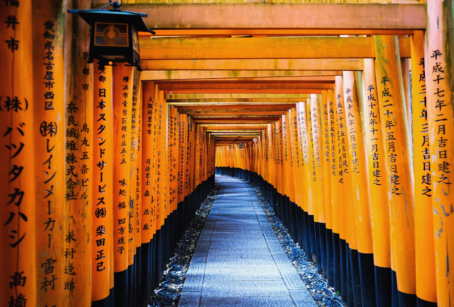 Rows of orange torii gates at Fushimi Inari, Kyoto