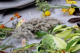 Various flowers and leaves are arranged on a light gray surface. The composition includes vibrant green leaves, small orange berries, yellow and orange flowers, and a tuft of fuzzy, light brown grass. The arrangement has a natural and organic feel.