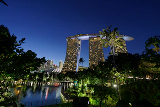 Evening view of the illuminated R&F Seine complex, with lush greenery and peaceful walkways.