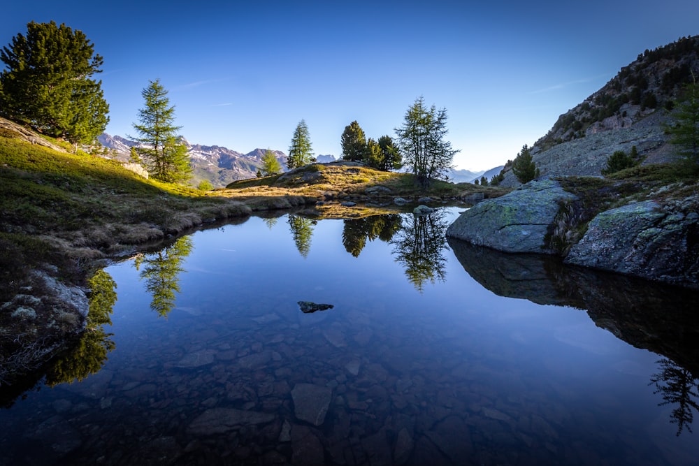 body of water near stone formation and trees during daytime