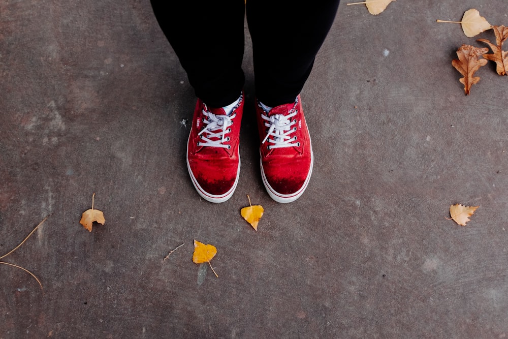 pair of red low-top sneakers