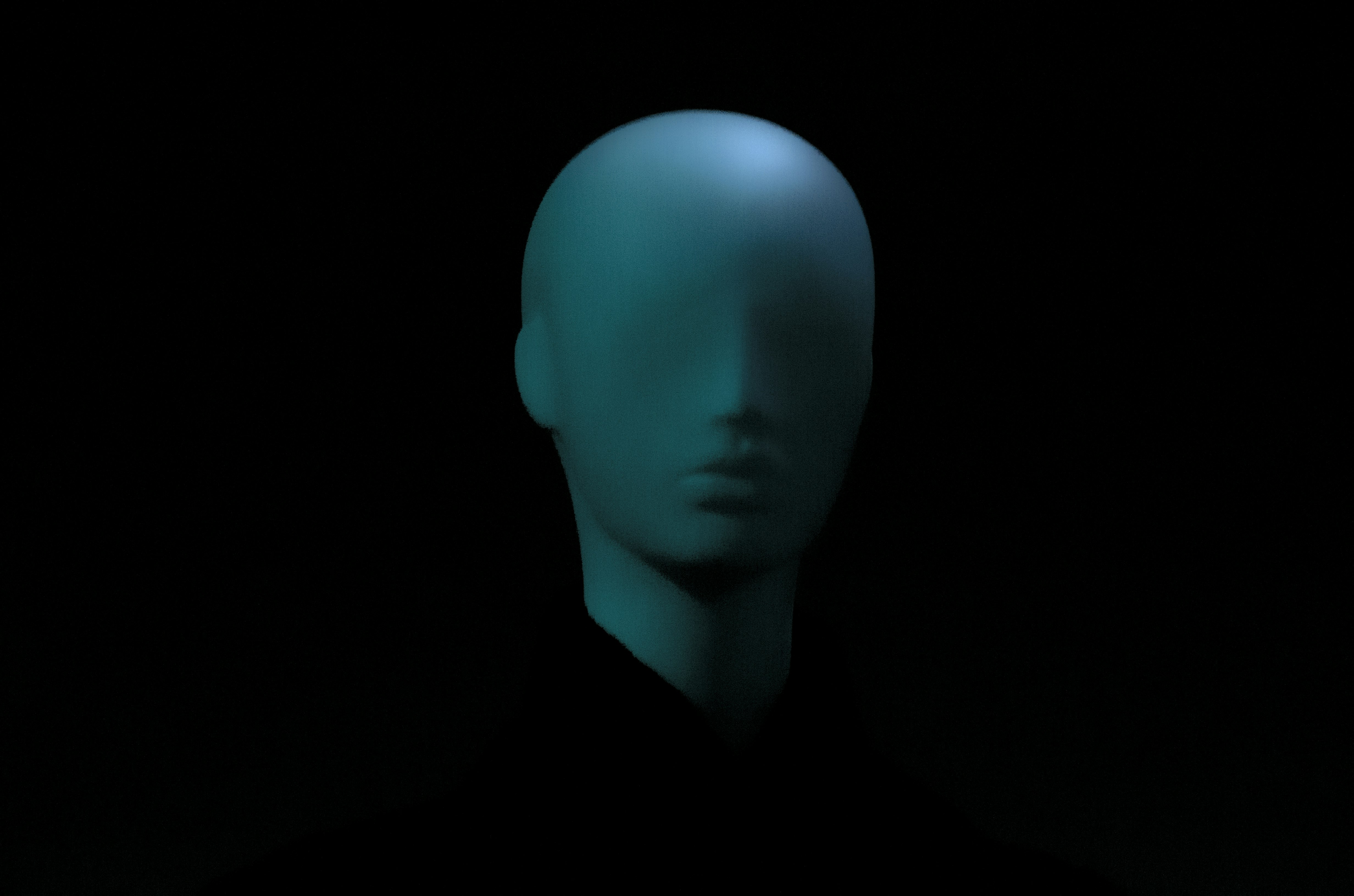 Blue model, mannequin’s head, face with no eyes

