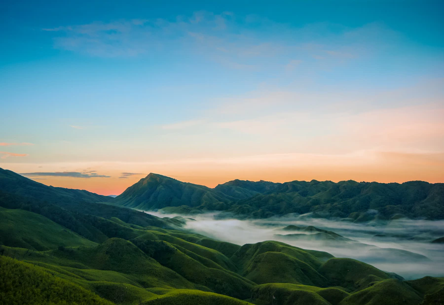 Misty morning landscape in Dzükou Valley