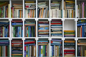 assorted books on wooden shelf