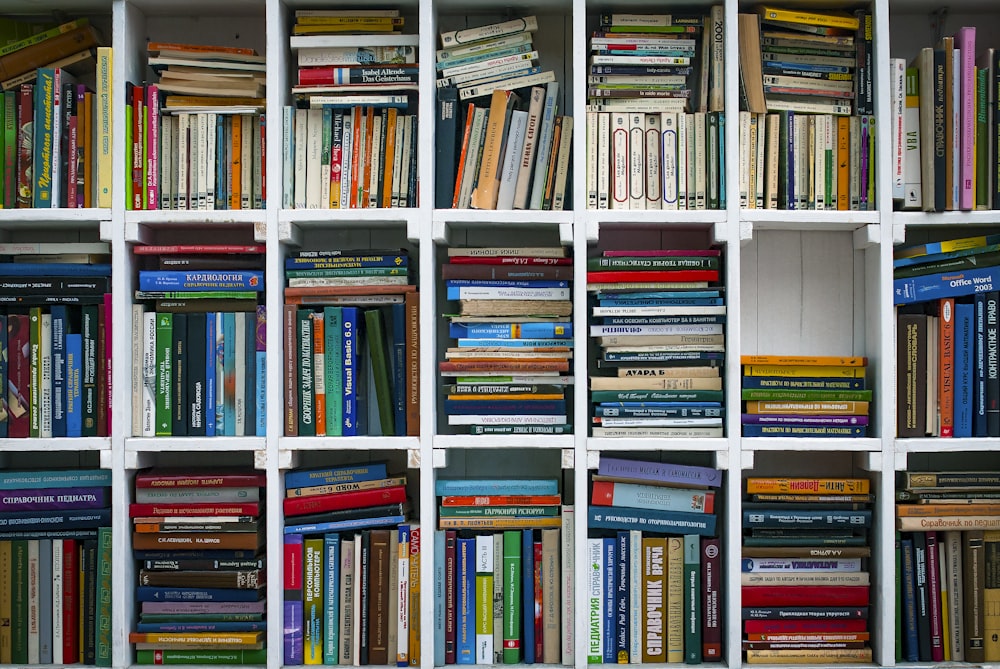 Livros variados em prateleira de madeira