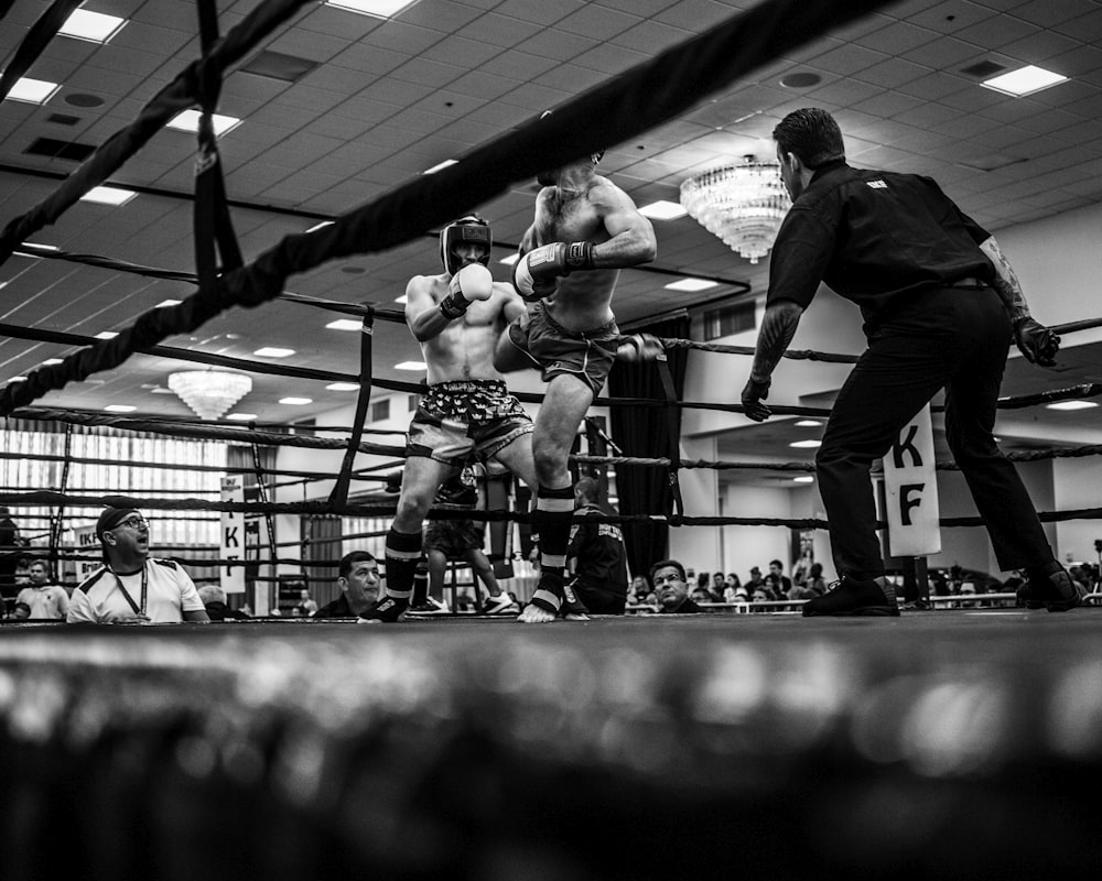 Foto en escala de grises de una pelea de artes marciales mixtas