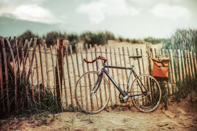 Vintage bicycle resting against a weathered fence along the Adriatic coast under a pastel sky.
