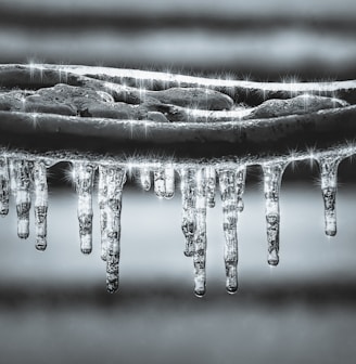 grayscale photography of water drops ice