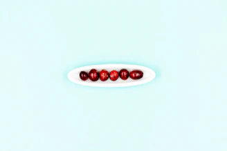 Close-up of fresh cranberries and delicate pressed flowers arranged on a clean white surface.