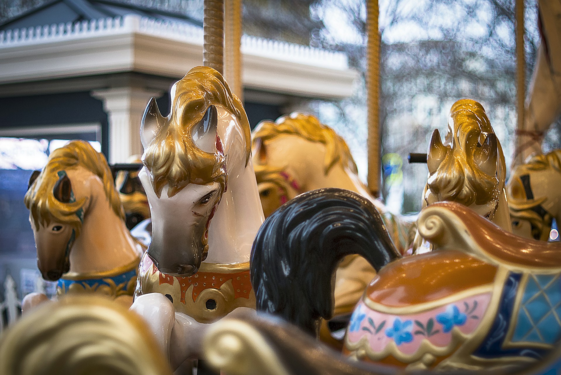 Close-up of wooden carousel horses with intricate vintage painting details.