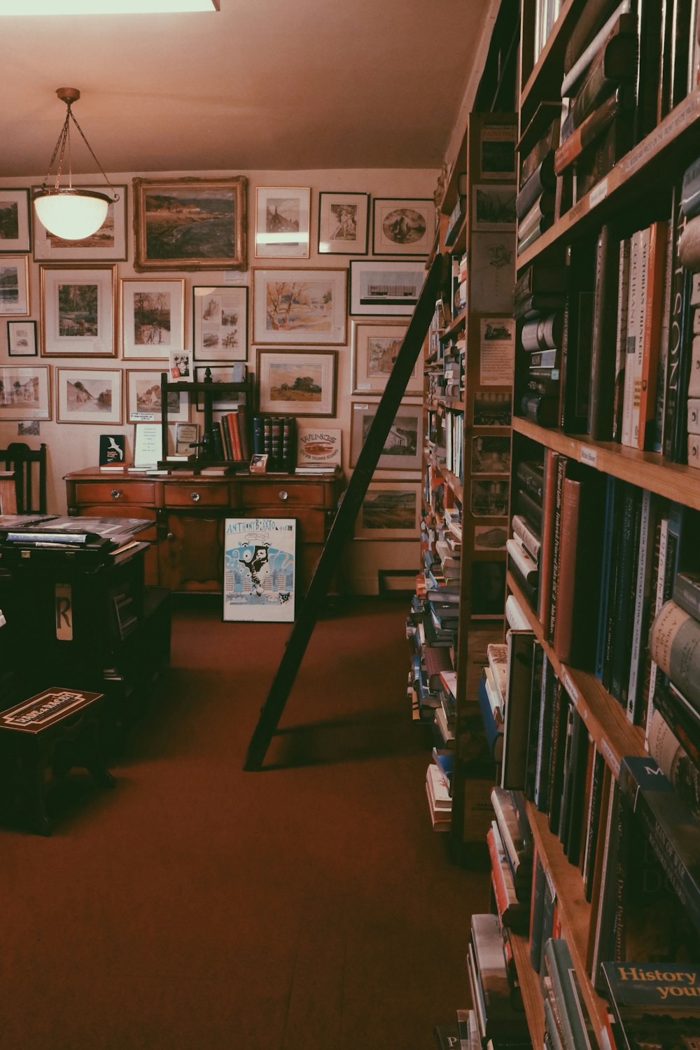 escalera negra al lado de la estantería de libros