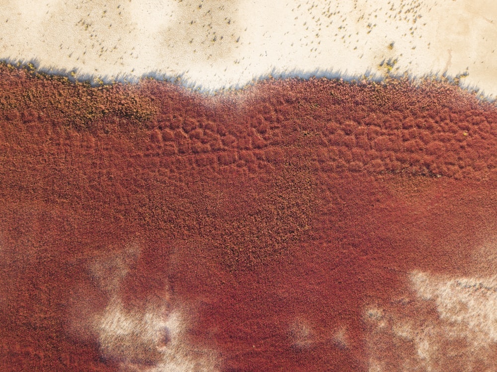 an aerial view of a red and white substance