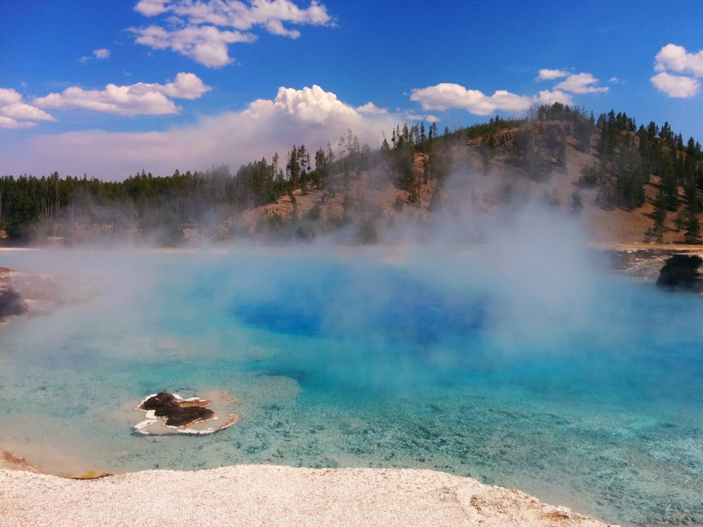 hot spring near trees under cloudy sky at daytime