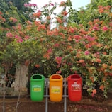 Three colorful waste bins are placed in front of a vibrant garden filled with pink and orange flowering shrubs. The bins have different labels indicating their use for different waste types. The background is lush with greenery and bright flowers, creating a lively contrast.