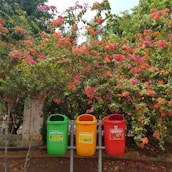 An aerial view of a vibrant community garden surrounded by recycling bins.