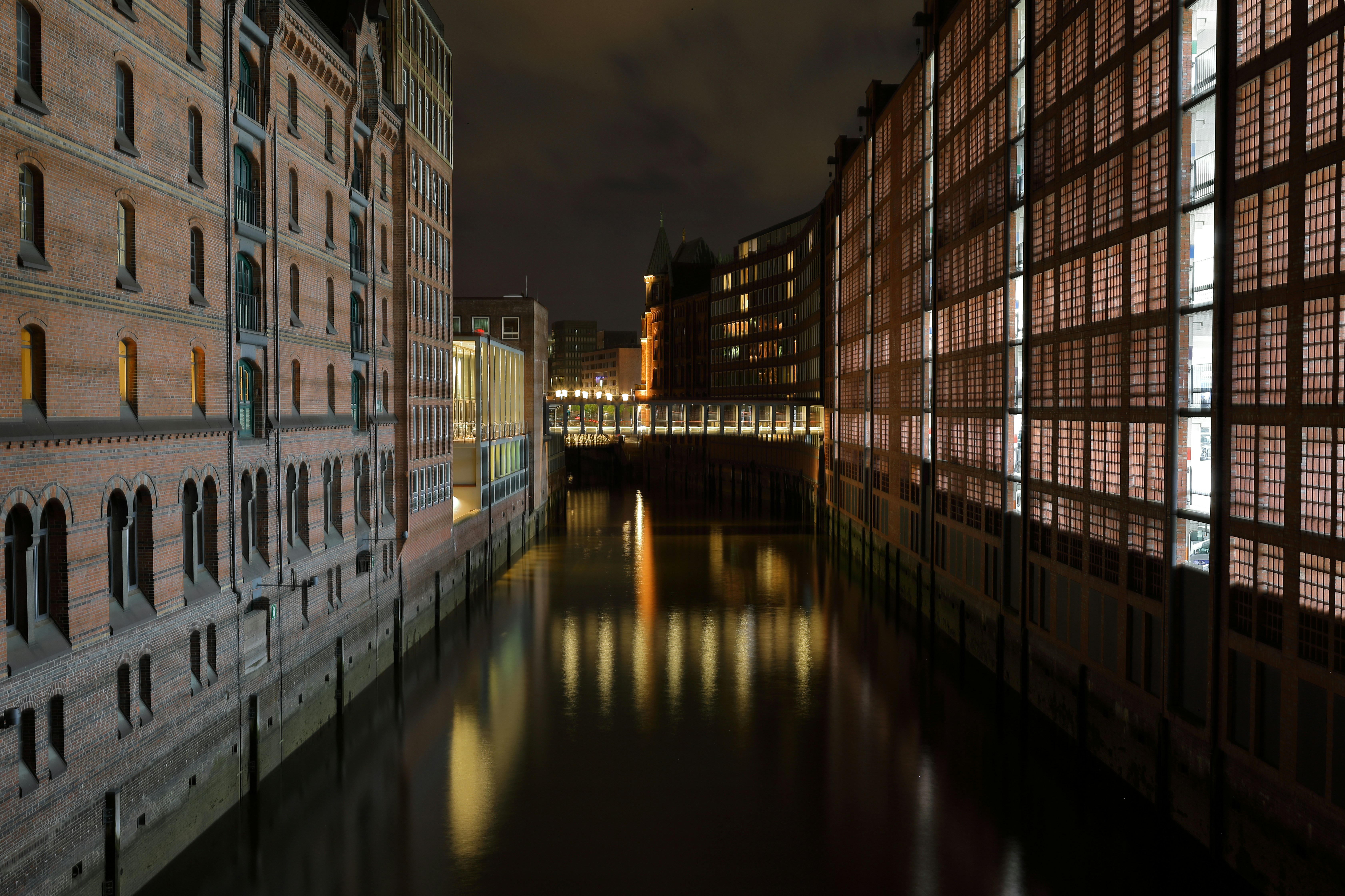 view of buildings at night, Speicherstadt