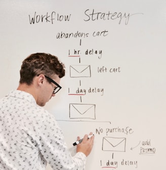 man writing on white board