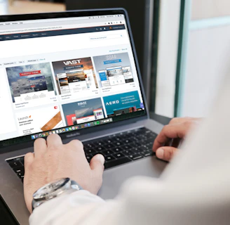 A person is using a laptop to browse an online marketplace featuring various digital products or themes. The screen displays a selection of software or website themes with descriptions and prices. The person seems to be in a well-lit room, sitting at a table.