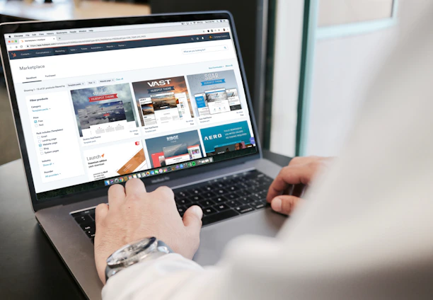 A person is using a laptop to browse an online marketplace featuring various digital products or themes. The screen displays a selection of software or website themes with descriptions and prices. The person seems to be in a well-lit room, sitting at a table.