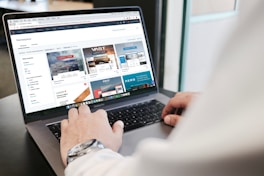 A person is using a laptop to browse an online marketplace featuring various digital products or themes. The screen displays a selection of software or website themes with descriptions and prices. The person seems to be in a well-lit room, sitting at a table.