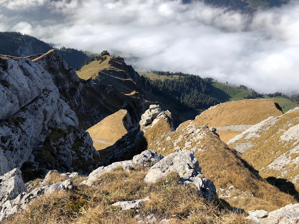 mountain range under foggy weather during daytime