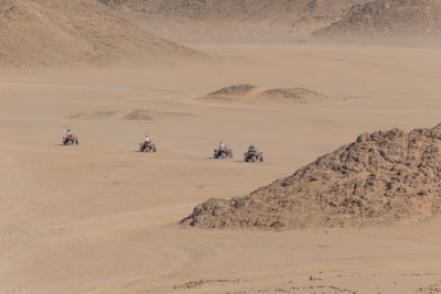 Riders on ATVs following a guide through a lush desert trail under a bright blue sky.