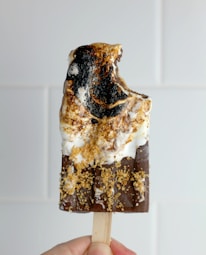 A hand holding a chocolate popsicle topped with toasted marshmallow and crumbled graham crackers. The popsicle has a partially melted, gooey texture with a bite taken out of it.