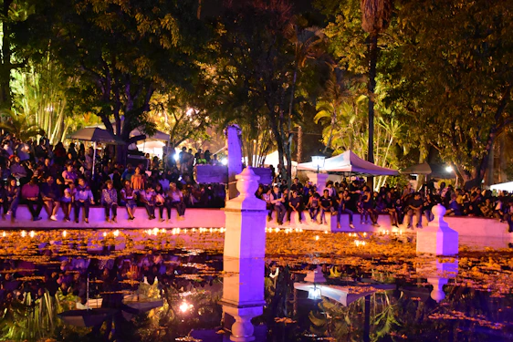 A lively crowd gathered by the lakeside, smiling and playing ukuleles under colorful autumn leaves.