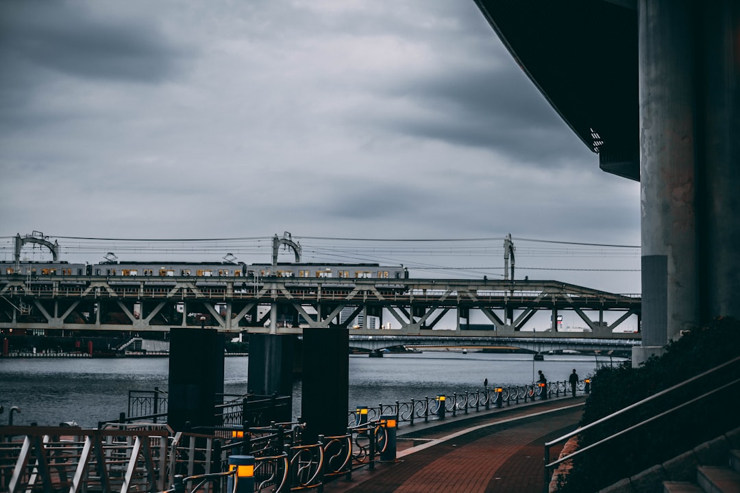 train on track at shore under gray sky